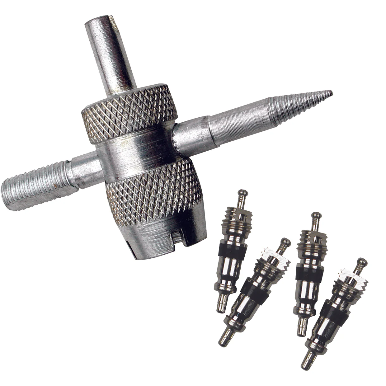 4-Way Valve Tool with Valve Cores for Bicycles